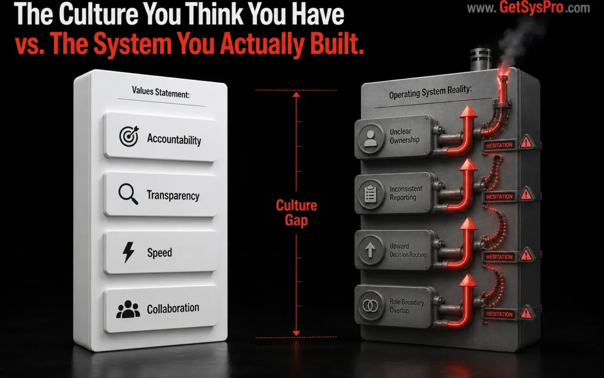 Two parallel panels showing a values statement with aspirational culture words in white including accountability, transparency, speed, and collaboration on the left beside an operating system reality with four structural failure nodes in gray including unclear ownership, inconsistent reporting, upward decision routing, and role boundary overlap each emitting red friction indicators with a red culture gap measurement axis between them, representing how the culture you think you have is determined by the system you actually built rather than by the values you describe. www.GetSysPro.com