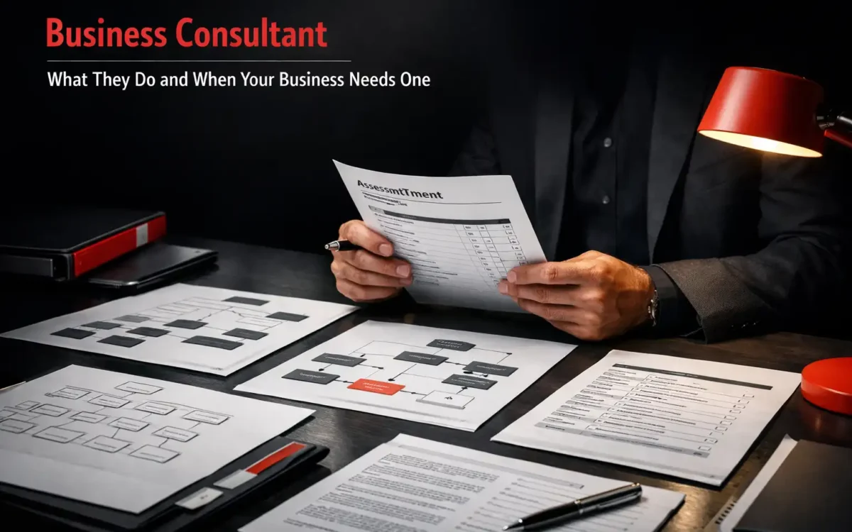 Business consultant reviewing operational assessment documents and workflow diagrams at a professional desk -- www.GetSysPro.com