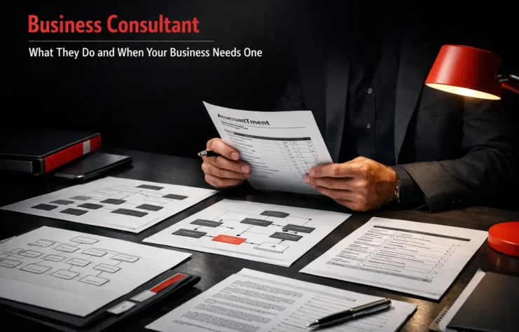 Business consultant reviewing operational assessment documents and workflow diagrams at a professional desk -- www.GetSysPro.com