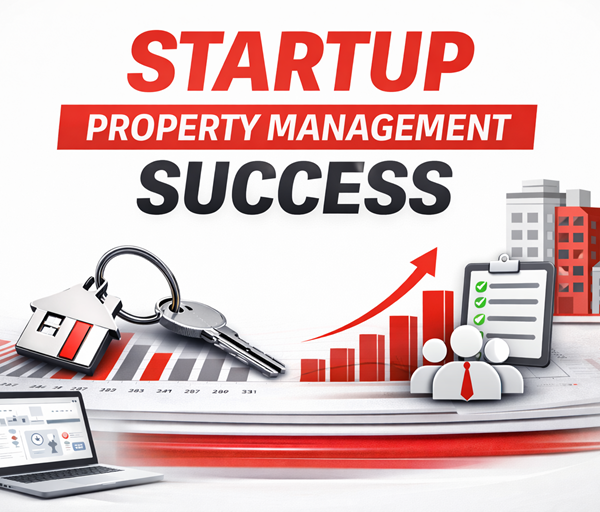 Infographic style illustration showing systems and growth of a startup property management company with charts, keys, buildings, and operational icons in GetSysPro brand colors.