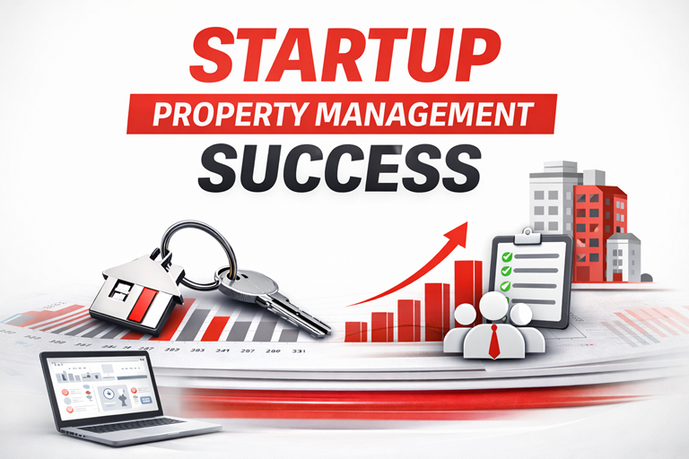 Infographic style illustration showing systems and growth of a startup property management company with charts, keys, buildings, and operational icons in GetSysPro brand colors.