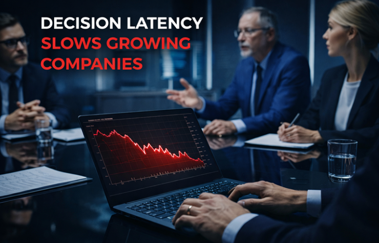 Business leadership meeting analyzing decision latency and operational performance on laptop dashboard.