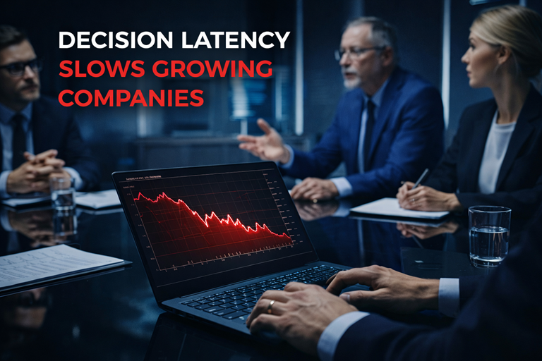 Business leadership meeting analyzing decision latency and operational performance on laptop dashboard.