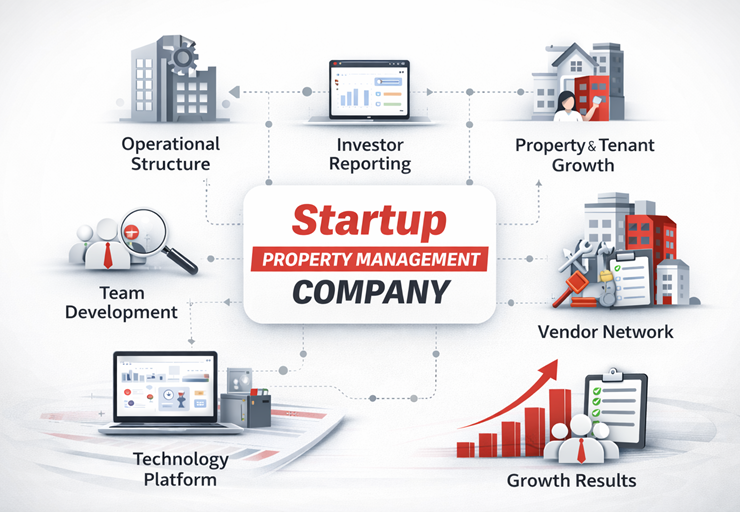 Infographic diagram showing systems used to build a startup property management company including operations, technology platform, team development, and growth results.