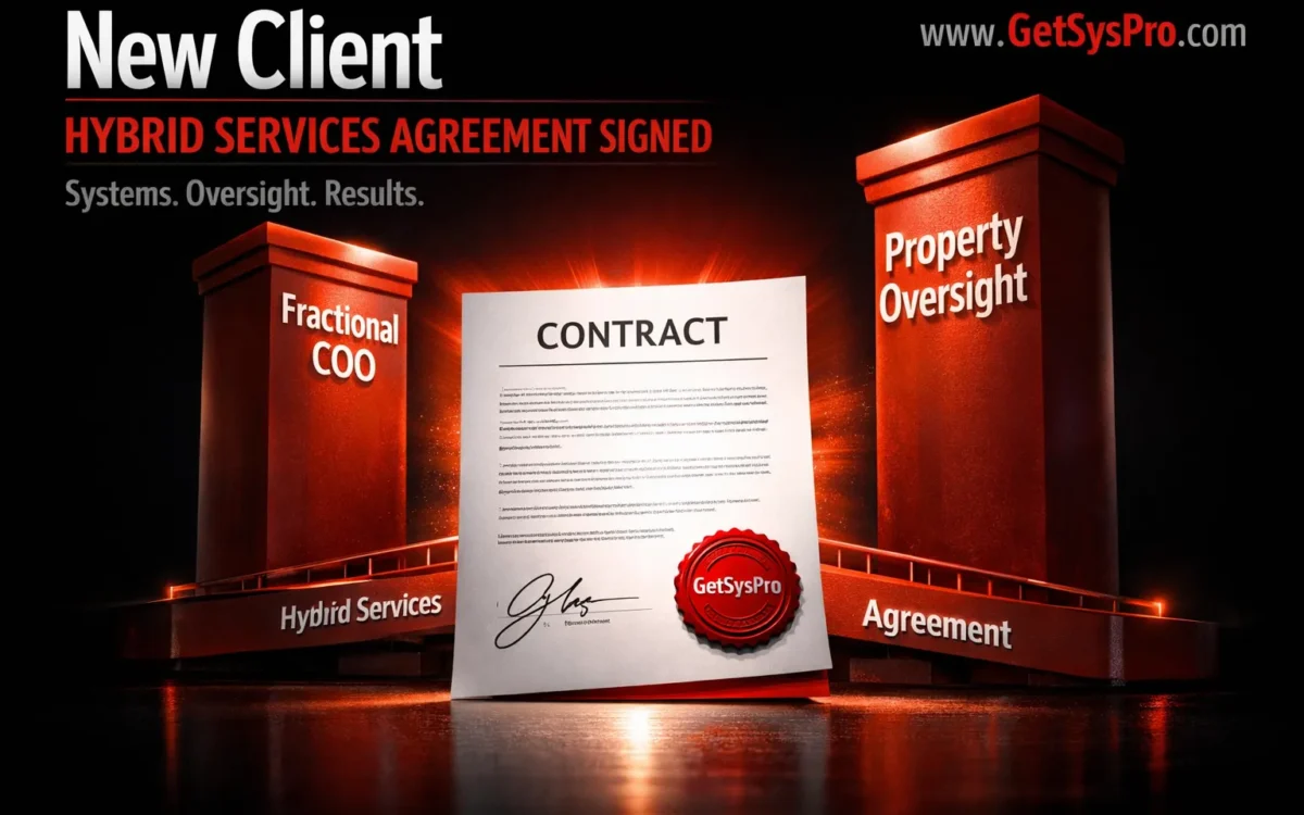Signed contract document with GetSysPro seal and two service pillars labeled Fractional COO and Property Oversight connected by a bridge labeled hybrid services agreement, representing GetSysPro signing a new integrated engagement combining executive operational leadership and real estate portfolio oversight. www.GetSysPro.com