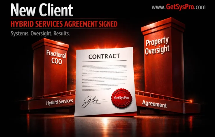 Signed contract document with GetSysPro seal and two service pillars labeled Fractional COO and Property Oversight connected by a bridge labeled hybrid services agreement, representing GetSysPro signing a new integrated engagement combining executive operational leadership and real estate portfolio oversight. www.GetSysPro.com