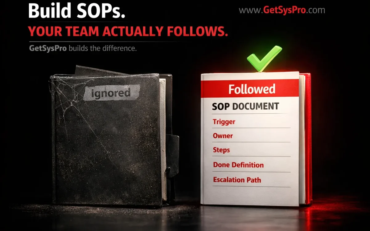 Two SOP documents side by side showing one ignored and dusty in a dark folder versus one followed and clearly structured with labeled sections for trigger, owner, steps, done definition, and escalation path, representing how building SOPs with the right structure determines whether documentation gets used or ignored. www.GetSysPro.com