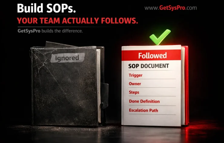 Two SOP documents side by side showing one ignored and dusty in a dark folder versus one followed and clearly structured with labeled sections for trigger, owner, steps, done definition, and escalation path, representing how building SOPs with the right structure determines whether documentation gets used or ignored. www.GetSysPro.com