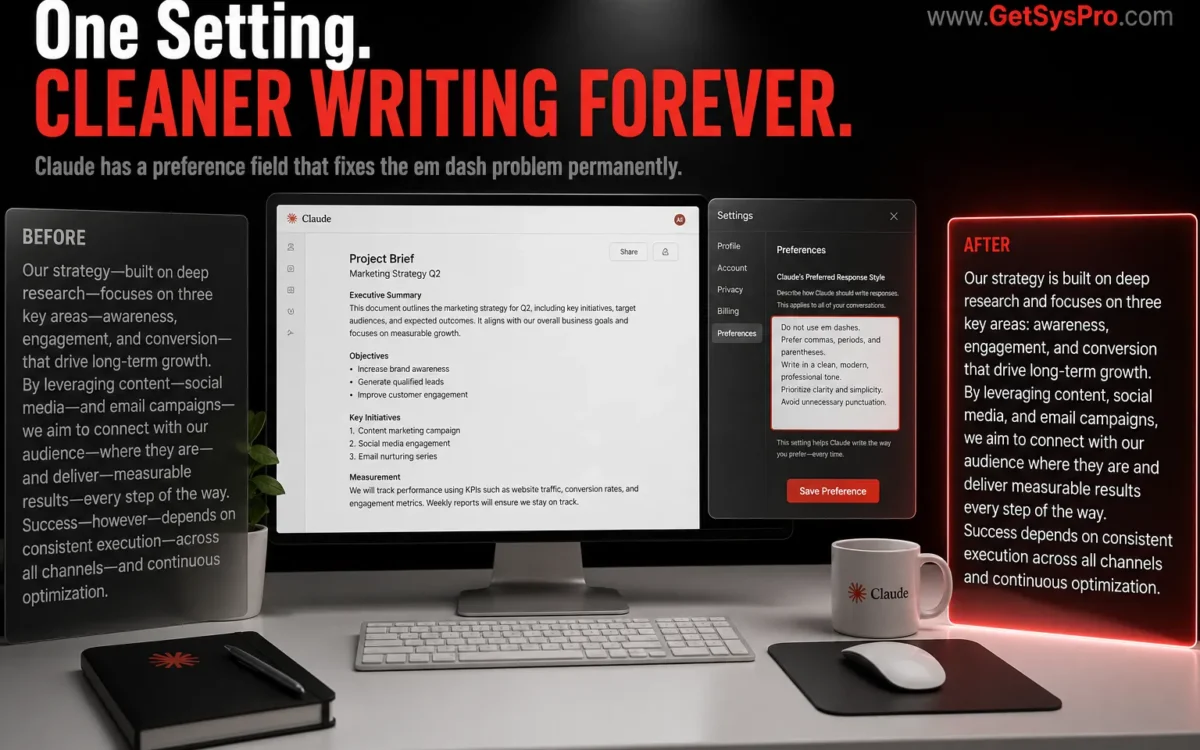 Professional writing workspace showing a settings panel with a preference prompt entered beside a before and after writing sample showing fragmented em dash-heavy text on the left and clean polished text on the right, representing how the Claude user preferences setting eliminates em dashes permanently from AI-generated writing output. www.GetSysPro.com