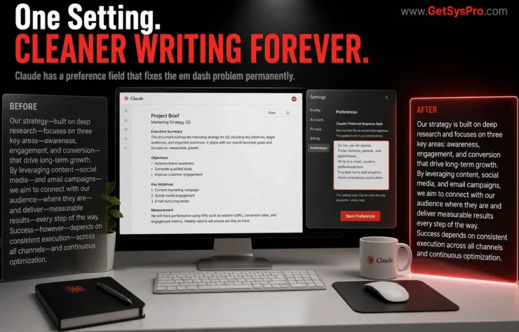 1-how-to-stop-claude-from-using-em-dashes Professional writing workspace showing a settings panel with a preference prompt entered beside a before and after writing sample showing fragmented em dash-heavy text on the left and clean polished text on the right, representing how the Claude user preferences setting eliminates em dashes permanently from AI-generated writing output. www.GetSysPro.com