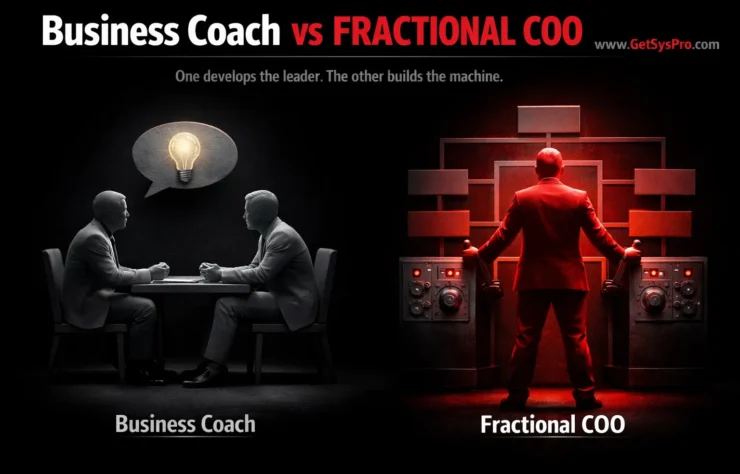 Two figures side by side showing a business coach silhouette in gray seated with a founder in conversation versus a fractional COO silhouette in red standing inside an organizational chart with hands on operational levers, representing the core difference between business coach vs fractional COO engagements. www.GetSysPro.com