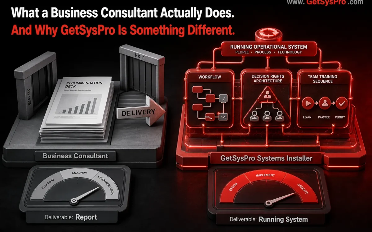 Two delivery structures showing a document stack with a recommendation deck and exit gate labeled business consultant versus running workflow nodes, decision rights architecture, and active team training sequence labeled GetSysPro systems installer, with deliverable meters reading report on the left and running system on the right, representing the deliverable gap between conventional consulting and systems installation. www.GetSysPro.com