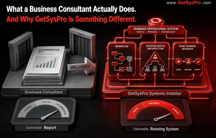 1-what-a-business-consultant-actually-does Two delivery structures showing a document stack with a recommendation deck and exit gate labeled business consultant versus running workflow nodes, decision rights architecture, and active team training sequence labeled GetSysPro systems installer, with deliverable meters reading report on the left and running system on the right, representing the deliverable gap between conventional consulting and systems installation. www.GetSysPro.com