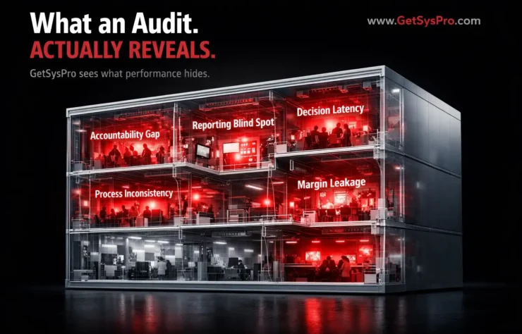 Business operation cross-section revealing five internal structural problem zones including accountability gaps, reporting blind spots, decision latency, process inconsistency, and margin leakage that a business systems audit identifies beneath a surface that appears normal. www.GetSysPro.com