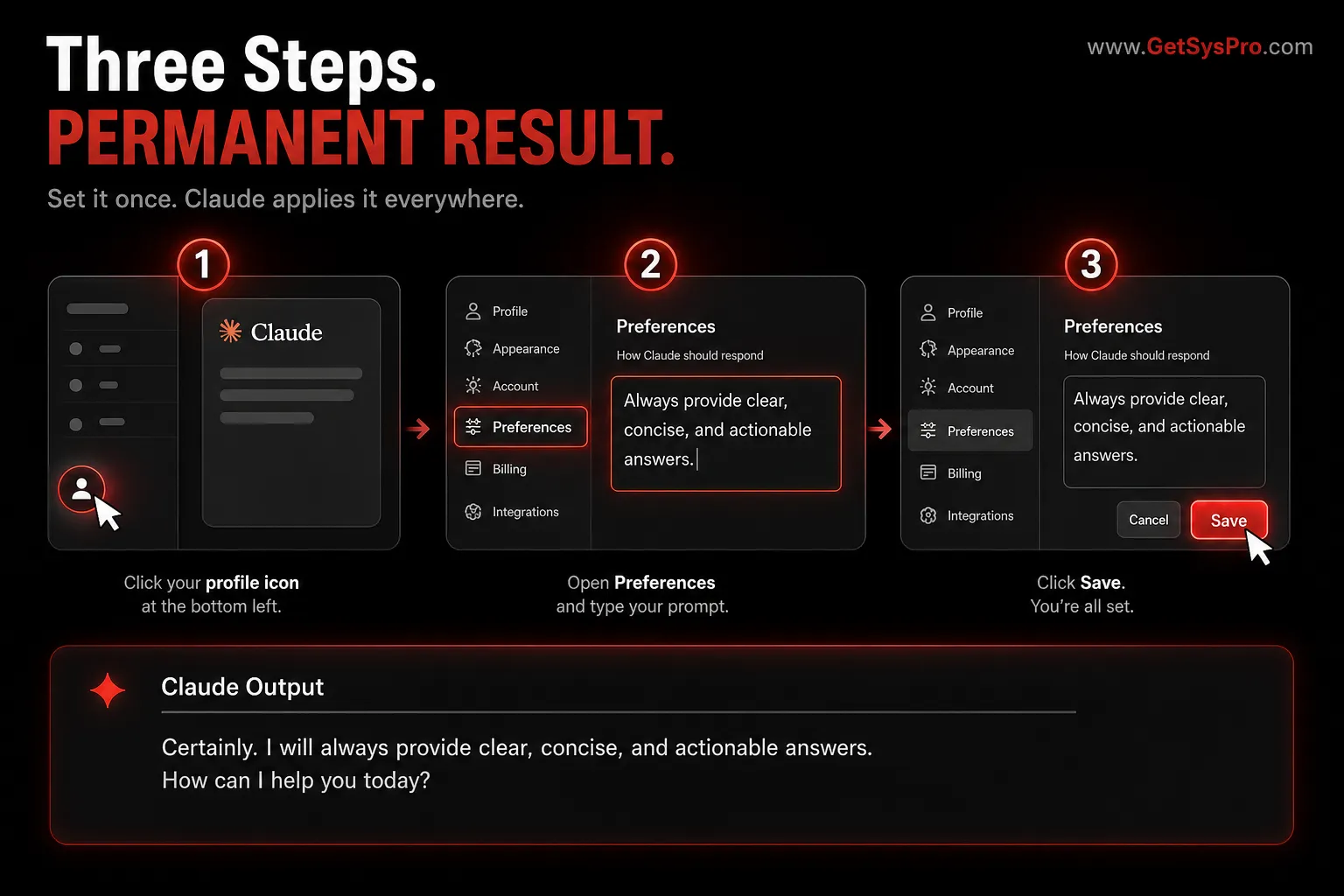 Three-step visual showing a profile icon being clicked at the bottom left of the Claude interface, a preferences text field open with a prompt being typed, and a save button in red being clicked with a clean writing output panel below showing professional text with no em dashes, representing the three-step setup for eliminating Claude em dashes permanently through the User Preferences setting. www.GetSysPro.com