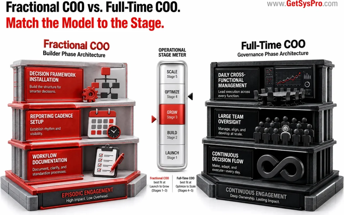 Two COO role architecture models side by side showing a fractional COO builder phase architecture with decision framework installation, reporting cadence setup, and workflow documentation in red beside a full-time COO governance phase architecture with daily cross-functional management, large team oversight, and continuous decision flow in black with an operational stage meter between them, representing how the fractional COO versus full-time COO decision depends on matching the engagement model to the actual operational stage of the business. www.GetSysPro.com