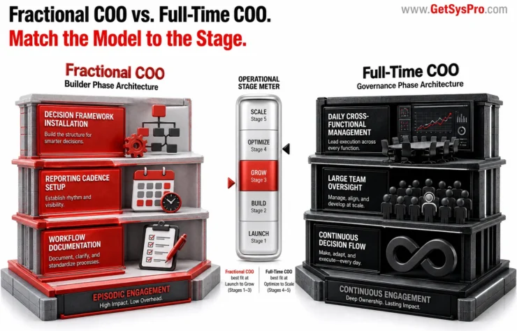Two COO role architecture models side by side showing a fractional COO builder phase architecture with decision framework installation, reporting cadence setup, and workflow documentation in red beside a full-time COO governance phase architecture with daily cross-functional management, large team oversight, and continuous decision flow in black with an operational stage meter between them, representing how the fractional COO versus full-time COO decision depends on matching the engagement model to the actual operational stage of the business. www.GetSysPro.com
