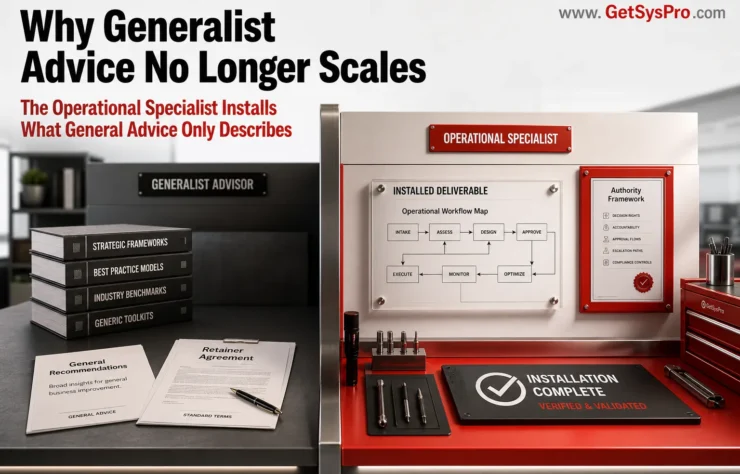 1-why-generalist-advice-no-longer-scales Physical split workspace showing a generalist advisor desk in gray with stacked framework binders and a retainer agreement underlit and receding into shadow on the left beside a red operational specialist installation workstation with a mounted workflow map, authority framework in a red-bordered frame, and verified completion indicator on the right with directional lighting favoring the specialist side, representing why operational specialist engagements produce faster and more durable returns than generalist consulting. www.GetSysPro.com