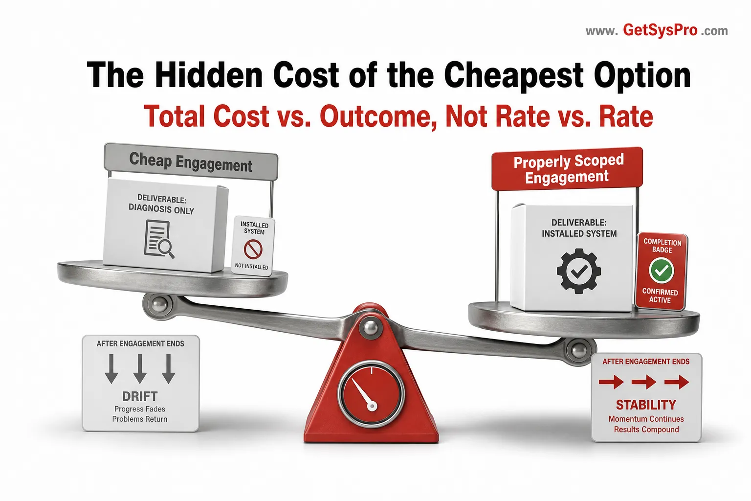 Physical cost comparison scale showing a cheap engagement in gray with diagnosis-only deliverable and downward drift arrows after the engagement ends beside a properly scoped engagement in red with installed system box, completion badge confirmed, and stability arrows holding steady, with a red fulcrum showing the imbalance, representing how the cheapest fractional COO option often costs more in total than a properly scoped engagement at the same total spend. www.GetSysPro.com
